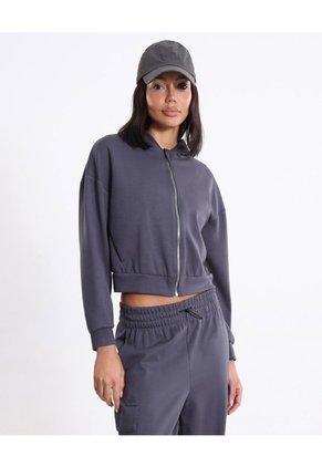Buzo Hoodie Crop Full Zipper Plush Para Mujer Deportiva Color Gris Marca Atmos