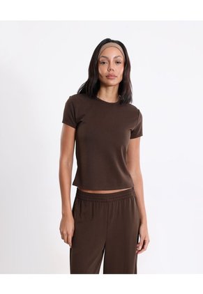 Camiseta Crop Manga Corta Plush Para Mujer  Deportiva  Color Café Marca Atmos