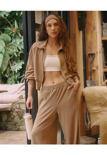 Pantalón Amplio Básico Con Venas Plush Para Mujer  Deportiva  Color Café Marca Atmos