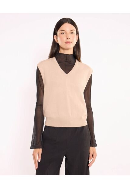 Camiseta  Para Mujer Manga Sisa Cuello V Color Beige Marca Atmos #31090333