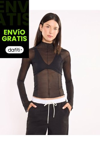 Camiseta Manga Larga Con Panel Mesh Para Mujer  Deportiva  Color Negro Marca Atmos Atmos