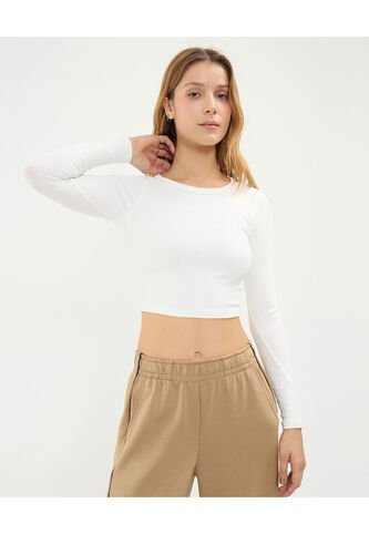 Camiseta Para Mujer Manga Larga Cuello Redondo Color Marfil Marca Atmos #31090209 Atmos