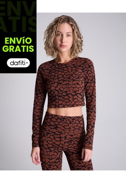 Crop Top Manga Larga Estampada Para Mujer  Deportiva  Color Café Marca Atmos