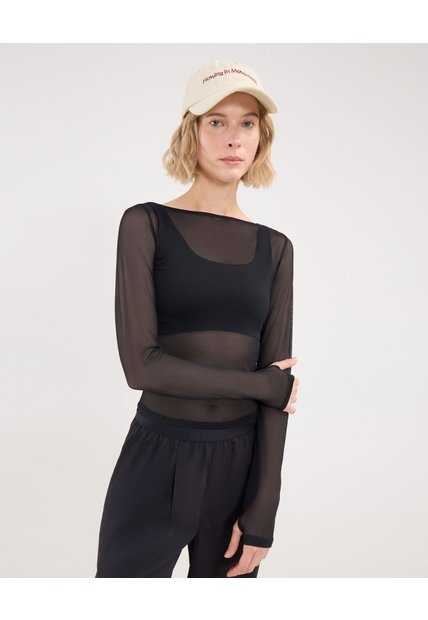 Camiseta Manga Larga En Malla  Para Mujer Negro Atmos