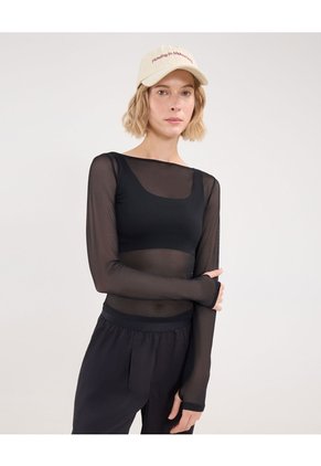 Camiseta Manga Larga En Malla Para Mujer Negro Atmos