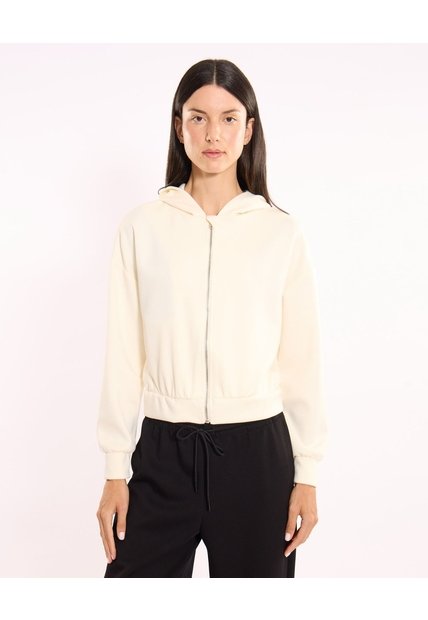 Buzo Hoodie Crop Full Zipper Plush  Para Mujer Blanco Atmos
