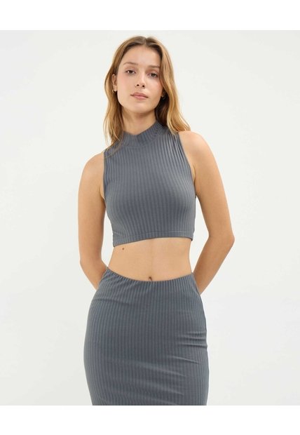 Camiseta Crop Top Cuello Alto  Para Mujer Gris Atmos