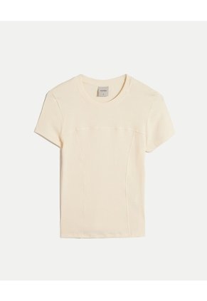 Camiseta Acanalada Con Cortes Para Mujer Marfil Atmos