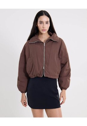 Chaqueta Crop Cuello Alto Ligera  Para Mujer Café Atmos