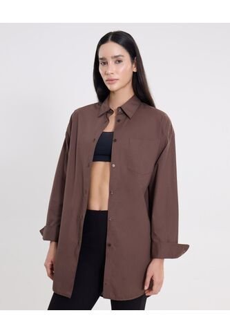 Camisa Manga Larga Amplia Bajo Curvo  Para Mujer Café Atmos Atmos