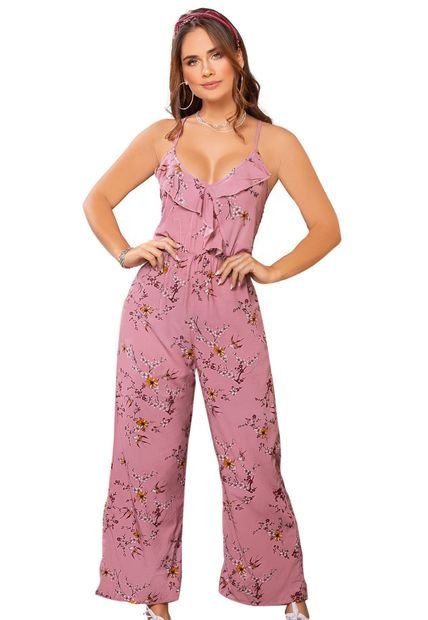 Enterizo rosado en print floral con tiras en el escote – aliqora moda