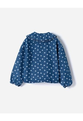 Camisa Regular Manga Larga Denim Estampada Niña Azul
