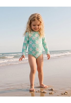Vestido De Baño Manga Larga Protección UV Estampado Niña Verde