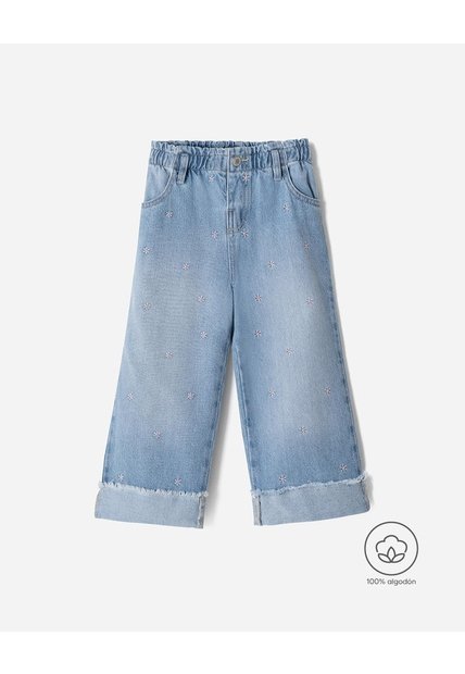 Jean Wide Leg Tiro Medio Algodón Bordado índigo Medio Niña Azul Oscuro