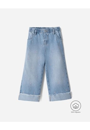 Jean Wide Leg Tiro Medio Algodón Bordado índigo Medio Niña Azul Oscuro