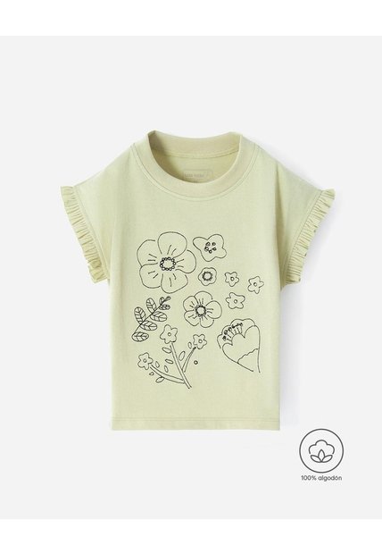 Camiseta Regular Algodón Estampado Bordado Niña Verde