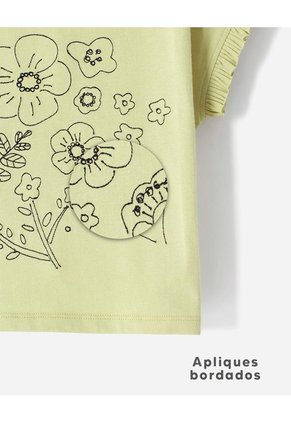 Camiseta Regular Algodón Estampado Bordado Niña Verde