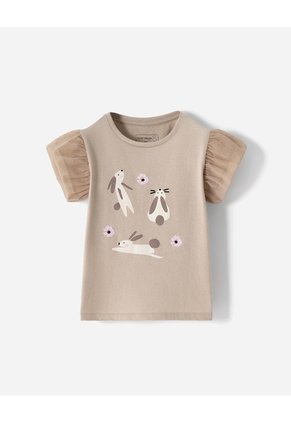 Camiseta Regular Estampada Niña Beige