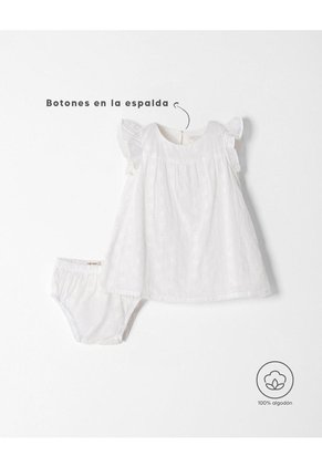 Conjunto Vestido + Panty Ojalillo Algodón Bebé Niña Blanco