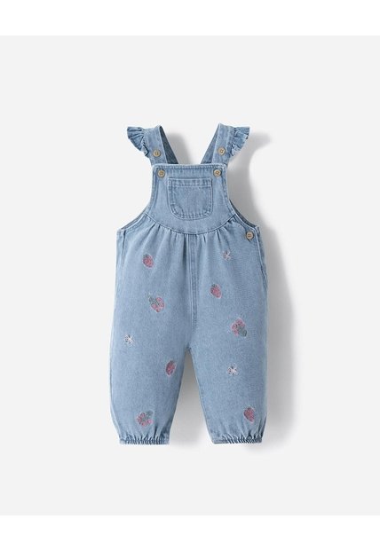 Overol Largo Apliques Bordados índigo Bebé Niña Azul Oscuro
