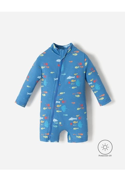 Traje De Baño Manga Larga Protección UV Estampado Bebé Niño Azul