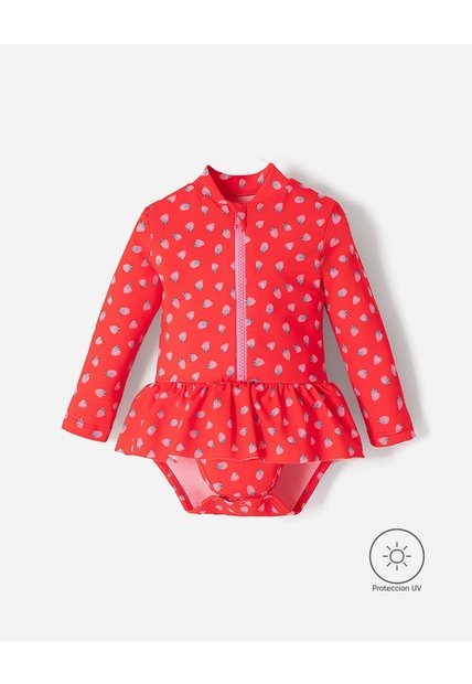 Vestido De Baño Manga Larga Protección UV Estampado Bebé Niña Rojo
