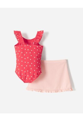 Vestido De Baño + Falda Protección UV Estampado Niña Rojo