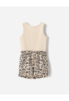 Enterizo Corto Regular Animal Print Niña Beige