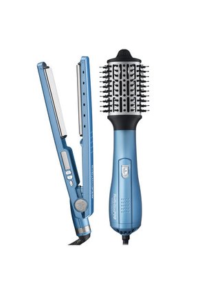 Combo De Plancha Profesional 4091 Azul Y Cepillo Secador Babyliss Hot Air Brush Azul 2,5"