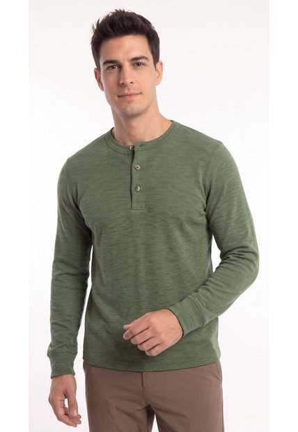Camiseta Henley Verde Manga Larga Para Hombre