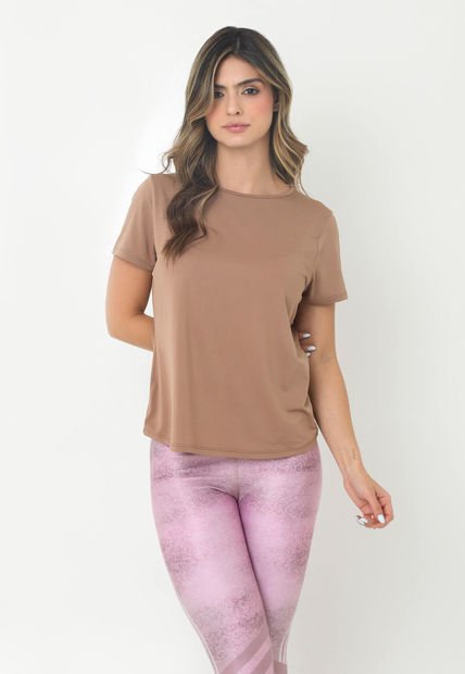 Camiseta Deportiva Café Manga Corta Con Abertura Y Corte En Espalda Para Mujer Belife