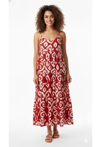 Vestido Largo Rojo Estampado Para Mujer Belife