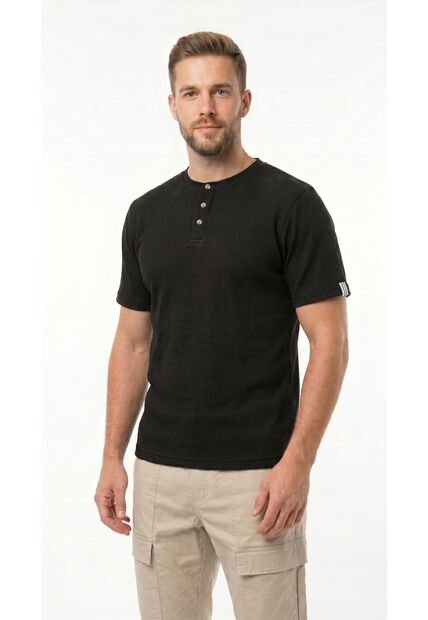 Camiseta Negra Manga Corta Cuello Nerú Para Hombre