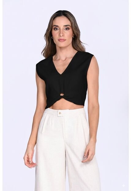 Blusa Manga Sisa Negra Con Escote Para Mujer