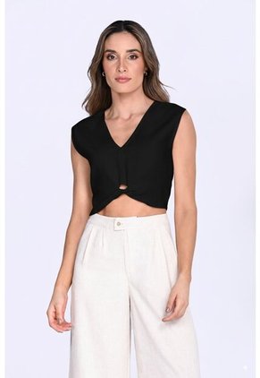 Blusa Manga Sisa Negra Con Escote Para Mujer
