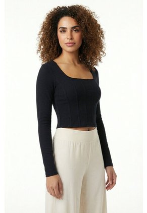 Blusa Manga Larga Negro Silueta Ajustada En Algodón Para Mujer