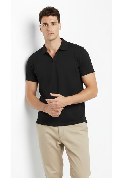 Camiseta Polo Negra Cuello Cubano Para Hombre