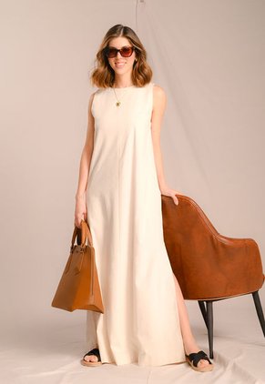 Vestido Largo Manga Sisa Beige Para Mujer
