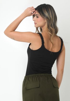 Blusa Negra Manga Sisa Con Cargaderas Resortadas Para Mujer Belife