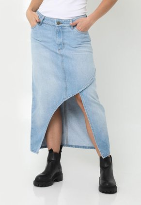 Falda Larga Azul Con Abertura Diagonal Para Mujer Belife
