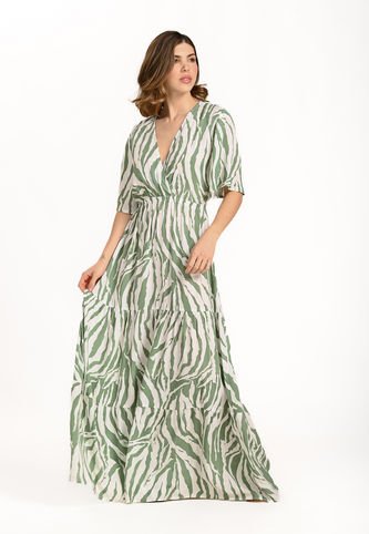 Vestido Largo Manga Corta Verde Para Mujer Belife