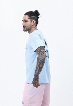 Camiseta De Playa Azul Cielo Oscuro Con Estampado Frontal, Posterior Para Hombre Belife