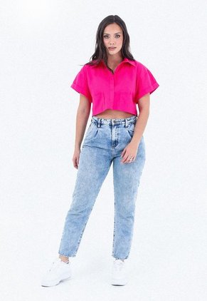 Blusa Manga Corta Fucsia Con Doblez, Cuello Camisero Para Mujer Belife