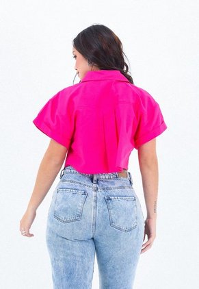 Blusa Manga Corta Fucsia Con Doblez, Cuello Camisero Para Mujer Belife