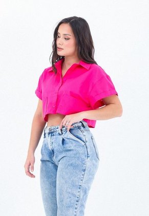 Blusa Manga Corta Fucsia Con Doblez, Cuello Camisero Para Mujer Belife