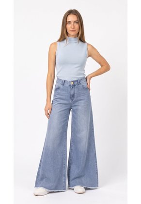Jean Wide Leg Claro Con Cortes Verticales Para Mujer