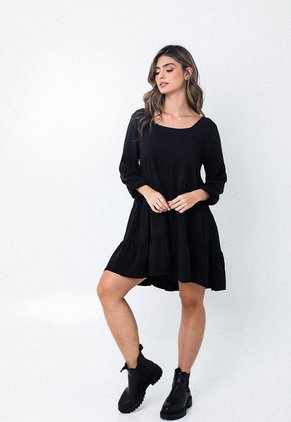 Vestido Negro Con Escote Semi Cuadrado Para Mujer Belife