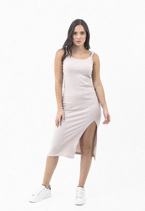 Vestido Midi Café Manga Sisa Y Abertura Frontal Para Mujer Belife
