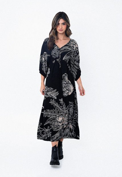 Vestido Largo Negro Con Escote En V Y Cintura Con Elastico Para Mujer Belife
