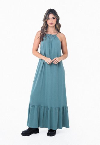 Vestido Largo Verde Con Manga Sisa Sesgada Para Mujer Belife.- Belife